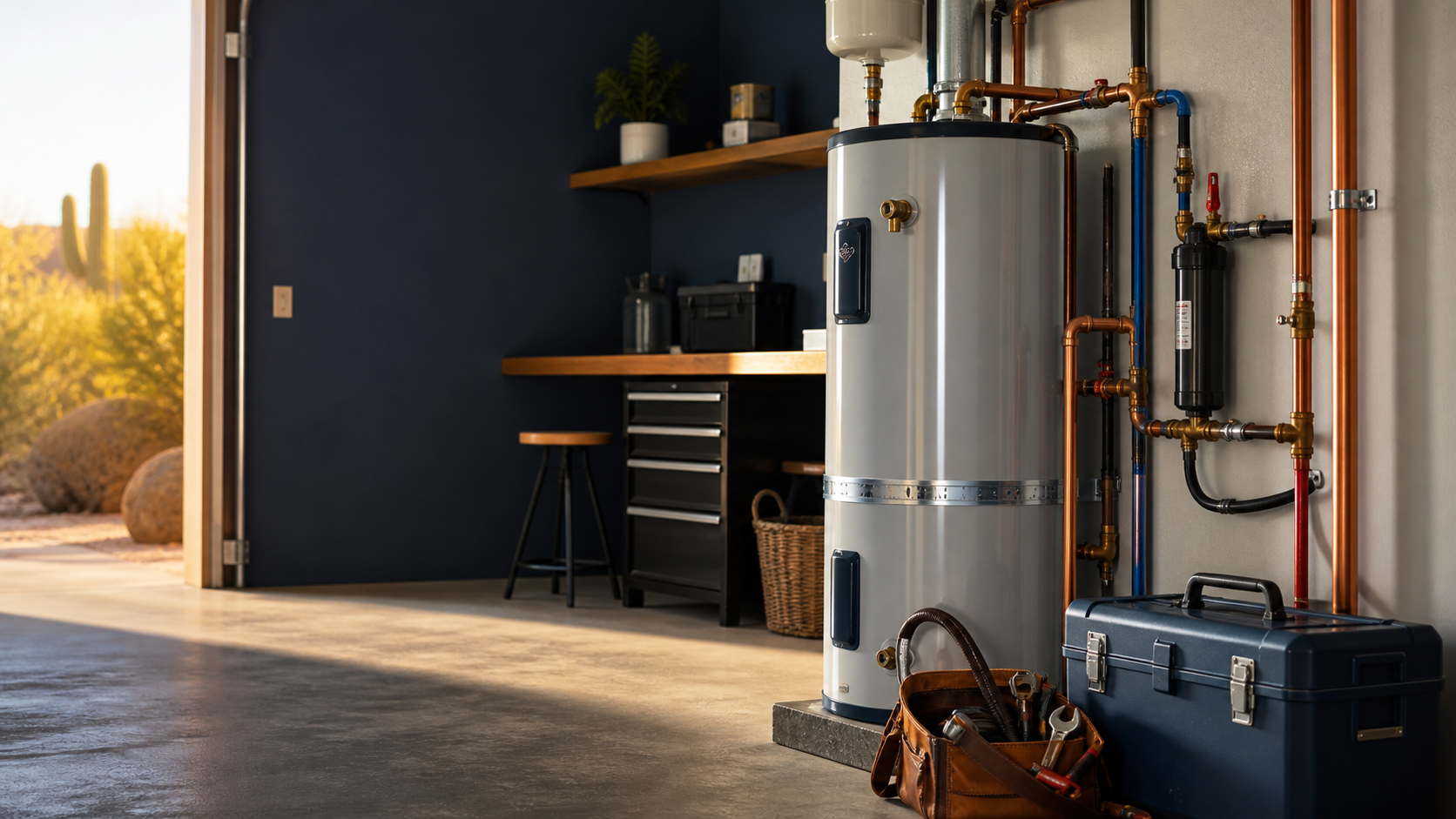 Clean residential water heater installation with copper plumbing lines and service tools
